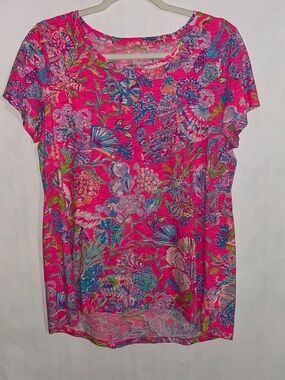 Lilly Pulitzer Hot Pink Multicolor Floral & Shell Print Tee